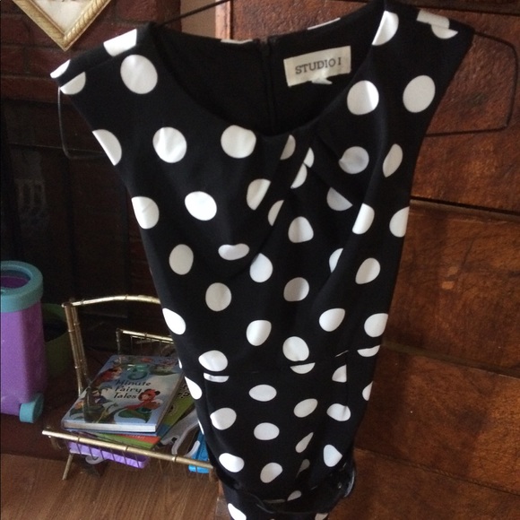 STUDIO I BLACK POLKA DOT DRESS PETITE SMALL - Picture 3 of 3